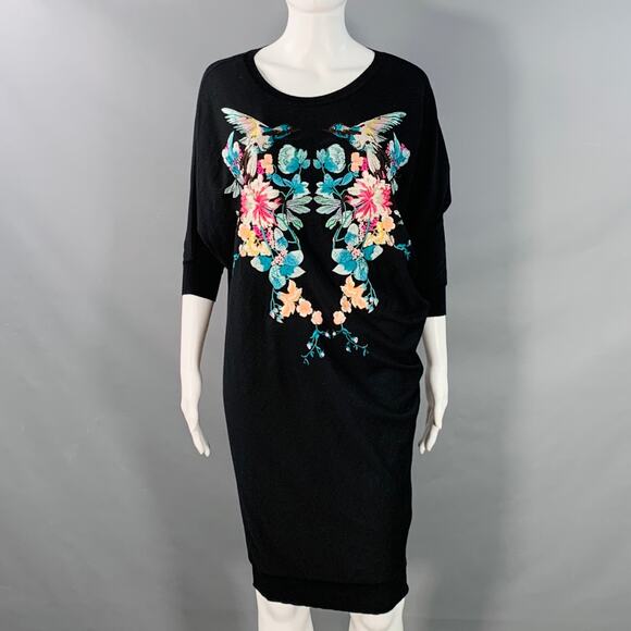 ALEXANDER MCQUEEN S Black Wool Jersey Embroidered Asymmetrical T-Shirt Dress - Picture 1 of 8